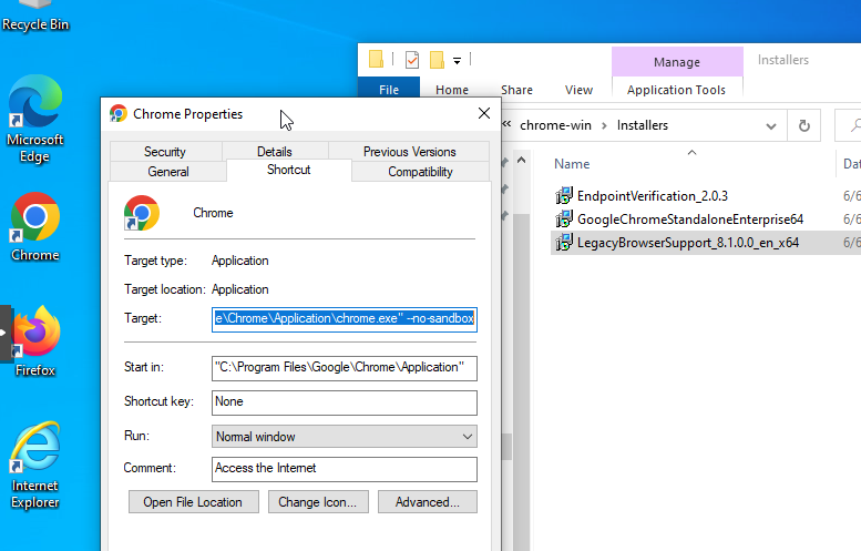 Archived Chromium browser version and no-sandbox launch argument