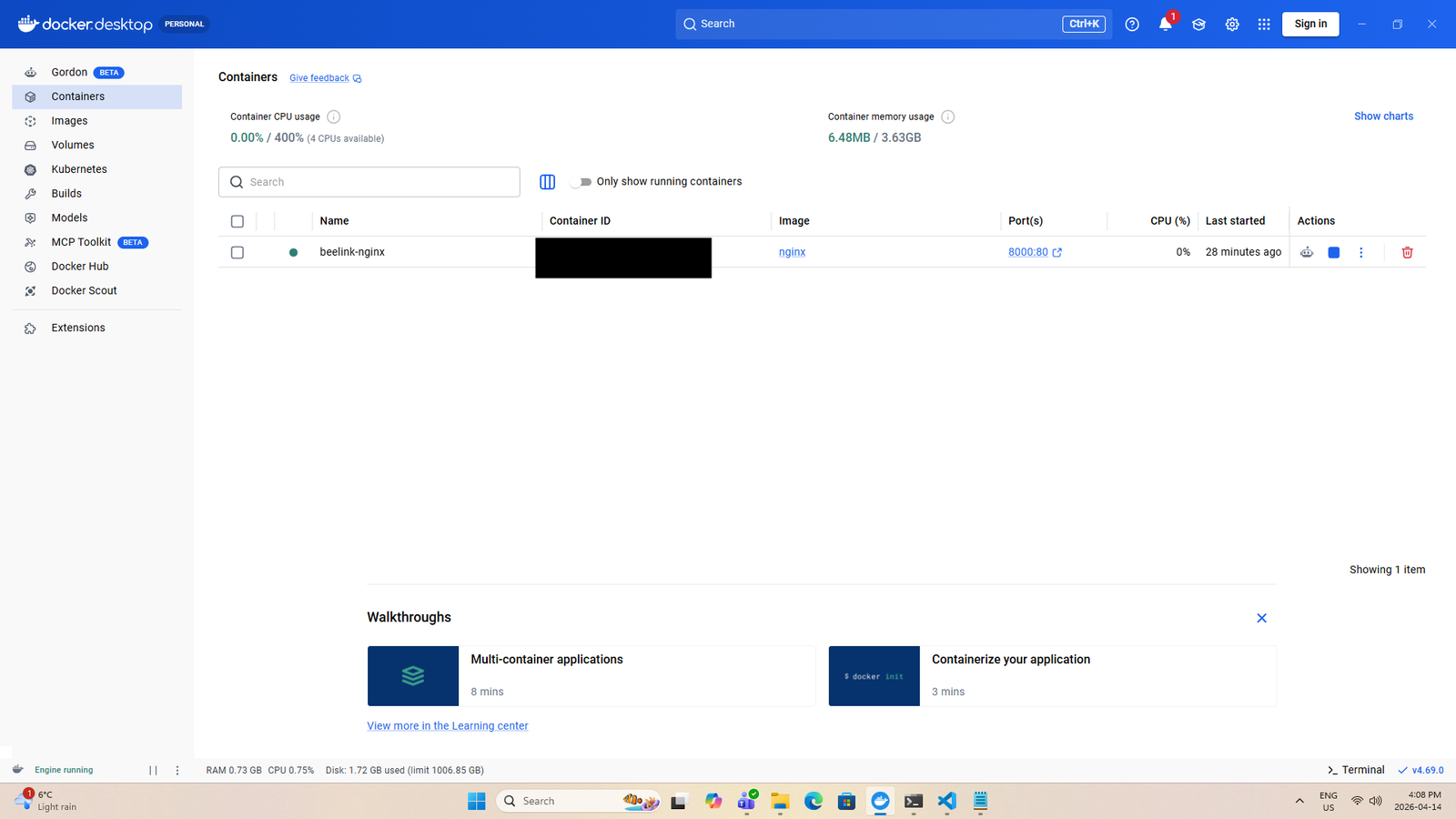 Docker Desktop running on Windows 11 with the environment active