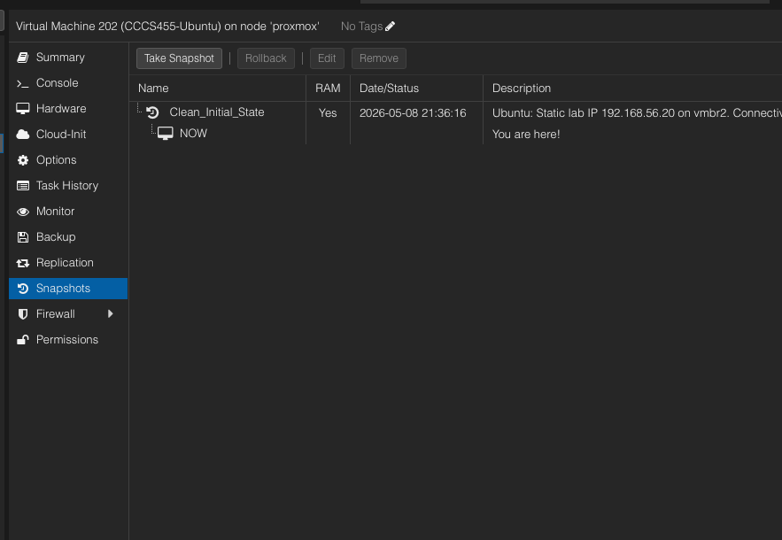 Proxmox snapshots page showing clean initial state snapshots for pentesting lab VMs