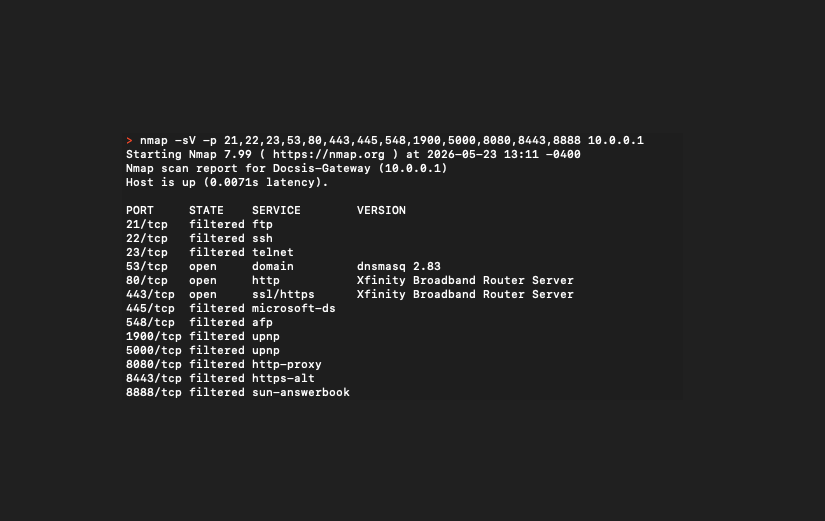 Nmap service detection scan showing dnsmasq and router web administration services
