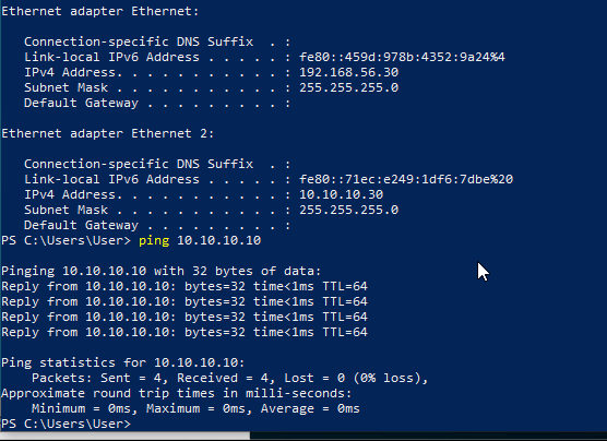 Windows 10 PowerShell showing both 192.168.56.30 and 10.10.10.30 IP addresses and successful ping to Wazuh