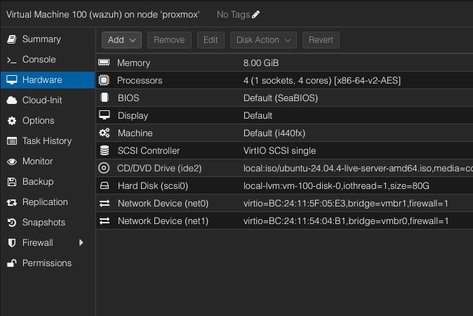 Wazuh VM hardware tab showing dual network interfaces