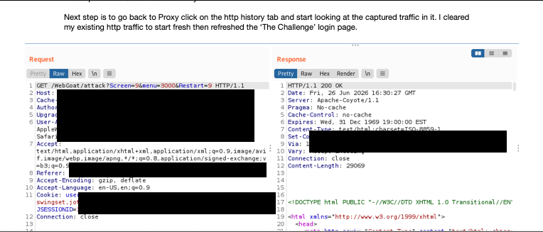 Burp Suite request analysis in the WebGoat lab